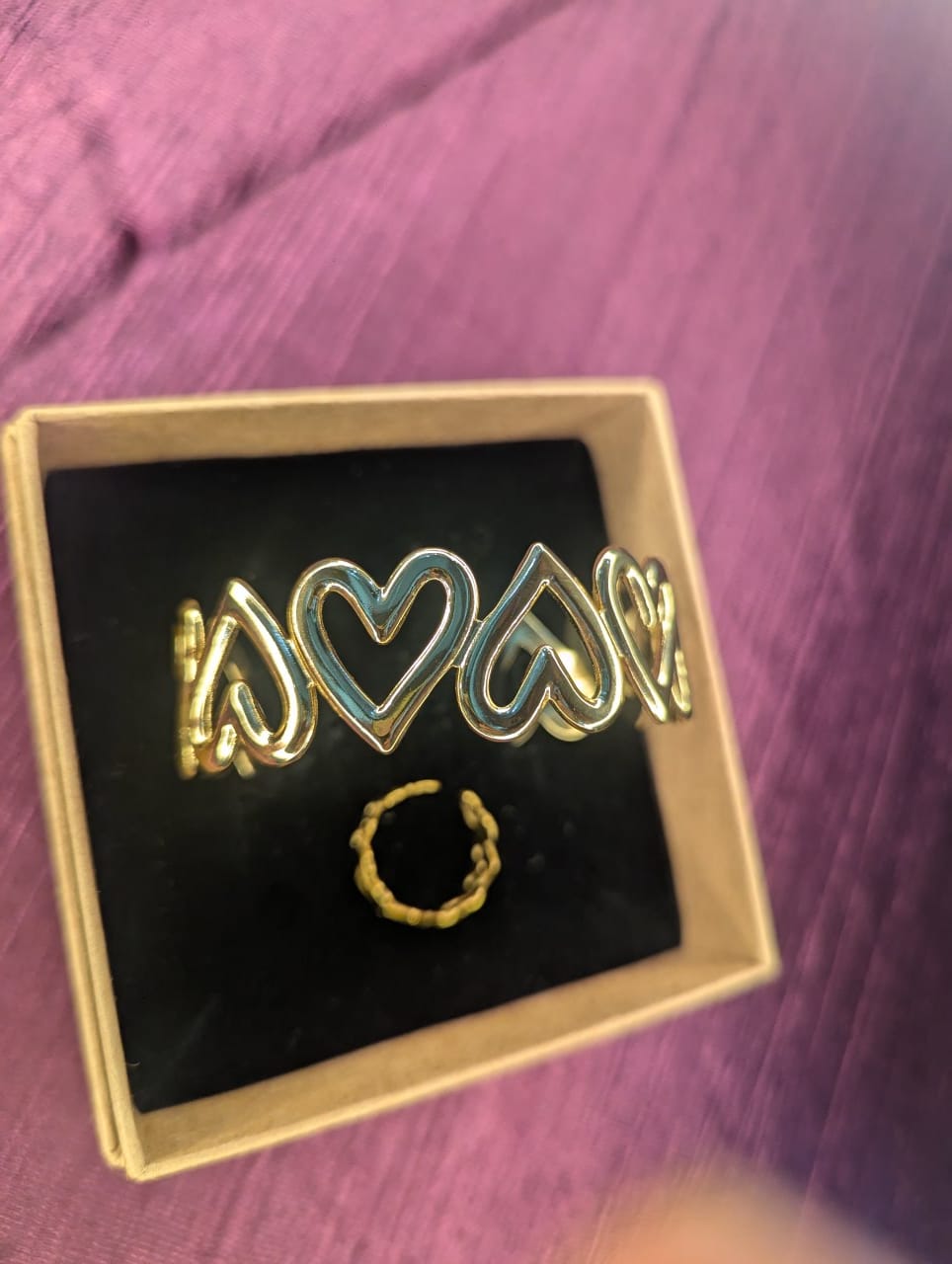 Gold Heart Open Cuff Bracelet with Adjustable Ring Combo