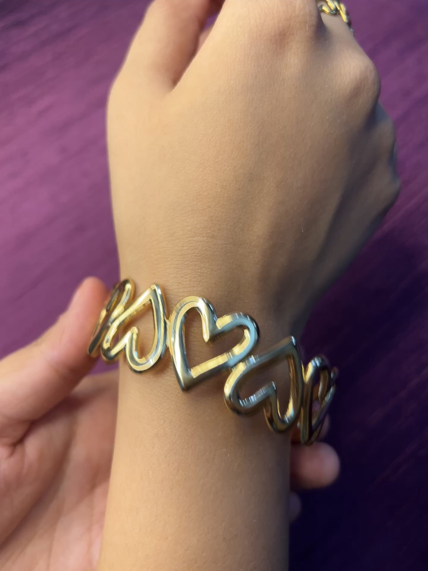 Gold Heart Open Cuff Bracelet with Adjustable Ring Combo